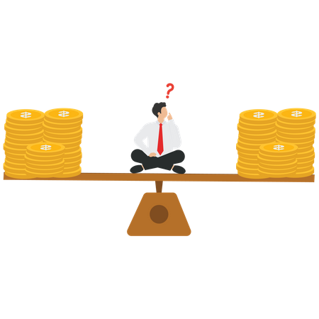 Cartoon businessman sitting in middle balance scale and thinking  イラスト