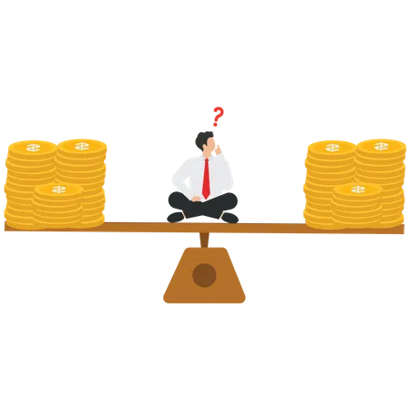 Cartoon businessman sitting in middle balance scale and thinking  イラスト