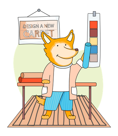 Cartoon character cute fox standing in childrens room  Illustration