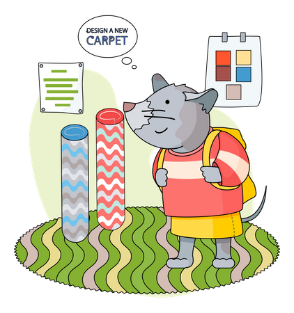 Cartoon character standing with backpack in childrens room  Illustration