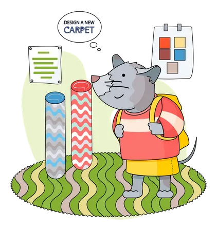 Cartoon character standing with backpack in childrens room Illustration