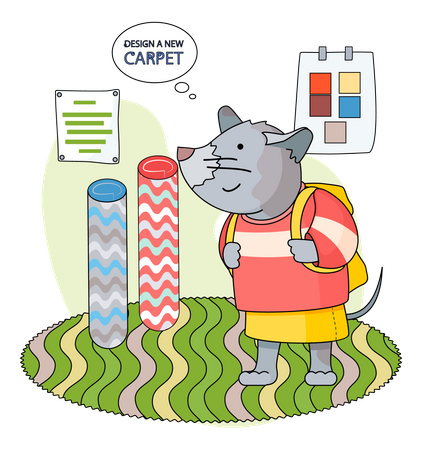 Cartoon character standing with backpack in childrens room  Illustration