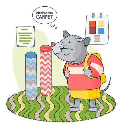 Cartoon character standing with backpack in childrens room  Illustration