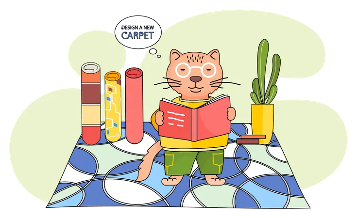 Cartoon character standing with book in childrens room  Illustration