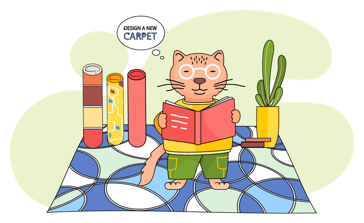 Cartoon character standing with book in childrens room  Illustration