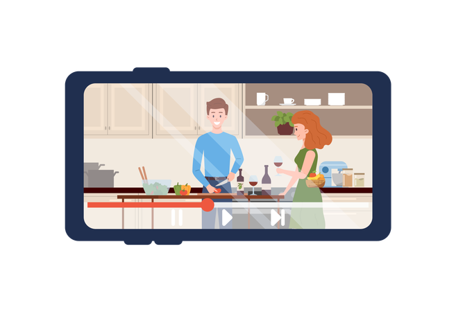 Cartoon couple cuts vegetables for salad enjoying cooking food together at kitchen  Illustration