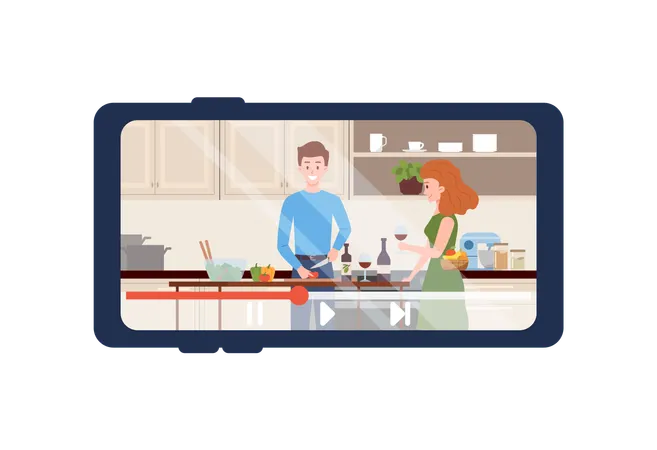 Cartoon couple cuts vegetables for salad enjoying cooking food together at kitchen  Illustration