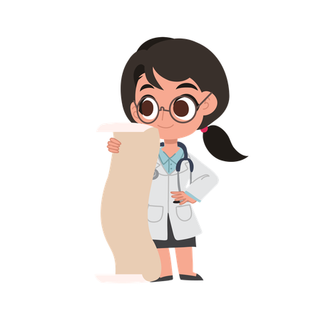 Cartoon female physician reviewing  long checklist ideal for medical and healthcare visuals  Illustration