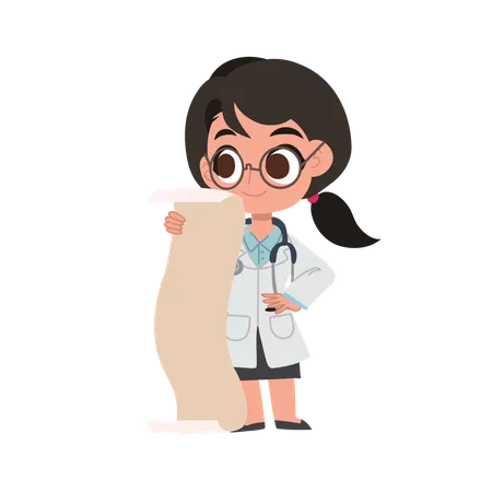 Cartoon female physician reviewing  long checklist ideal for medical and healthcare visuals  Illustration