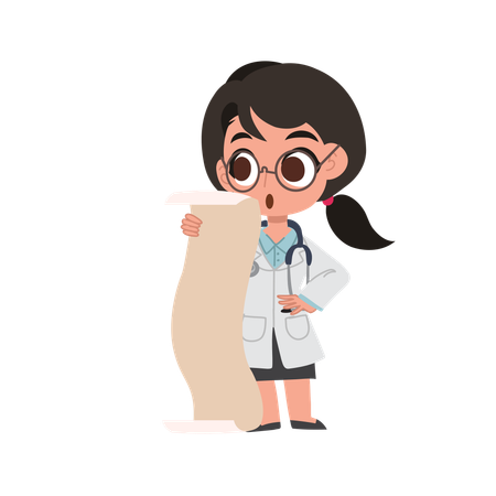 Cartoon female physician reviewing long checklist  Illustration