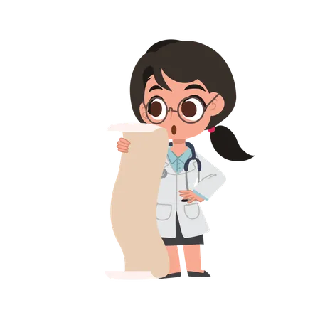 Cartoon female physician reviewing long checklist  Illustration