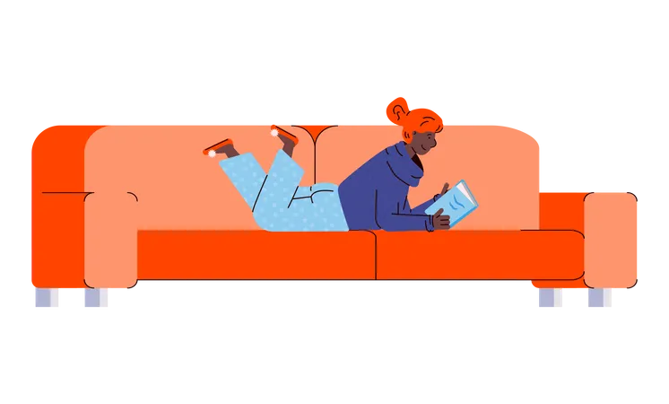 Cartoon-Frau liest ein Buch auf dem Bauch liegend auf einem orangefarbenen Sofa  Illustration