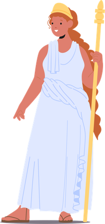 Cartoon Hera Ancient Greek Deity Holding Golden Staff Wearing White Robe And Bright Smile  Illustration