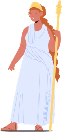 Cartoon Hera Ancient Greek Deity Holding Golden Staff Wearing White Robe And Bright Smile  Illustration