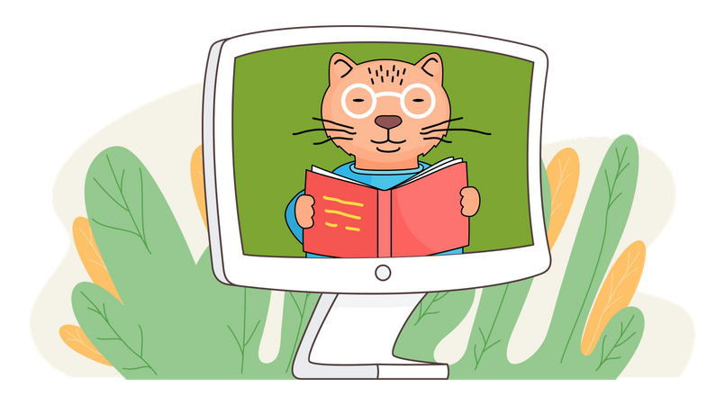 Cartoon-Katze nahm an Online-Unterricht teil  Illustration