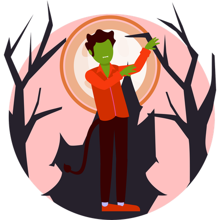Cartoon man with a bat stands beneath a glowing full moon adding a playful touch to the night sky  Illustration