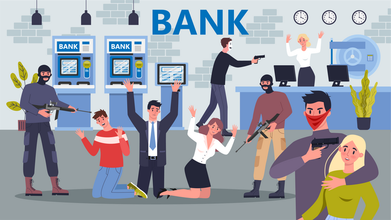 Cartoon style illustration of bank robbery. Theft in bank. Illustration