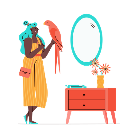 Cartoon woman holding pink parrot in her home living room  Illustration