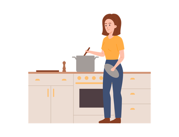 Cartoon woman preparing soup on stove people enjoying cooking food at kitchen  Illustration