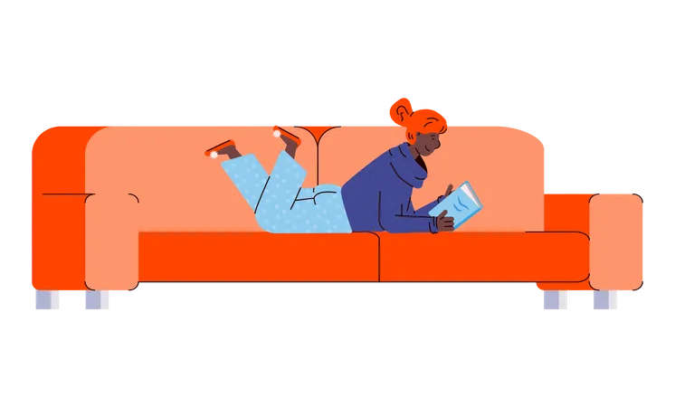 Cartoon woman reading a book lying on her stomach on orange sofa  Illustration