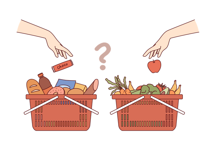 Carts with purchases from grocery supermarket and choosing between healthy eating and junk food  Illustration