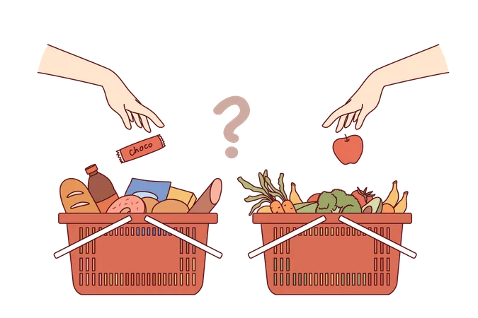 Carts with purchases from grocery supermarket and choosing between healthy eating and junk food  Illustration