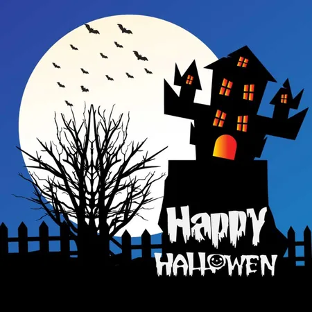 Feliz Casa De Halloween E Morcegos Com Lua De Arvore E Fundo Azul Claro Ilustração