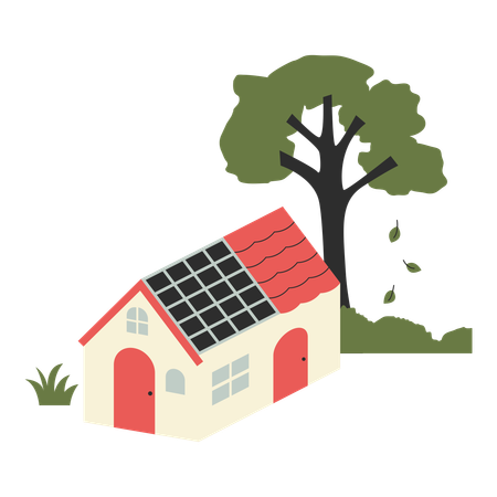 Casa com painéis solares no telhado e na árvore  Ilustração