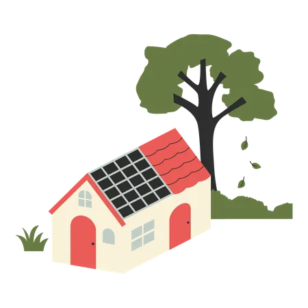 Casa com painéis solares no telhado e na árvore  Ilustração