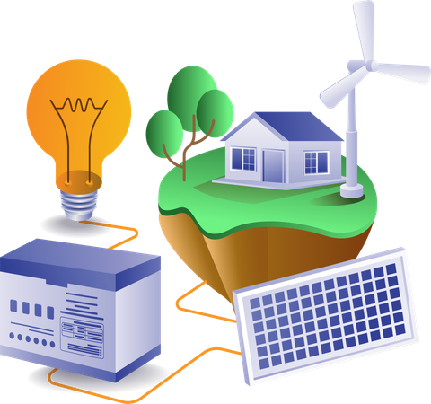 Casa con energía de paneles solares.  Ilustración