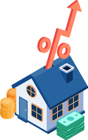 Casa con flecha de tasa de interés aumentando la tasa hipotecaria y la inversión inmobiliaria  Ilustración