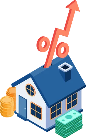 Casa con flecha de tasa de interés aumentando la tasa hipotecaria y la inversión inmobiliaria  Ilustración