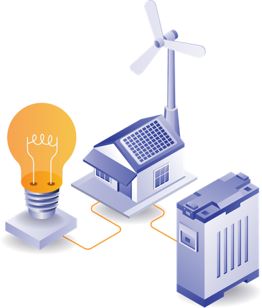 Casa con energía eléctrica de paneles solares.  Ilustración