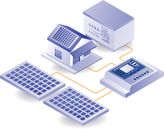 Casa con energía eléctrica de paneles solares.  Ilustración