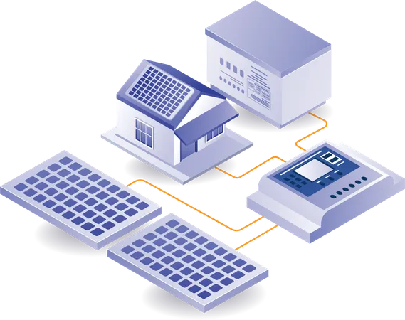 Casa con energía eléctrica de paneles solares.  Ilustración