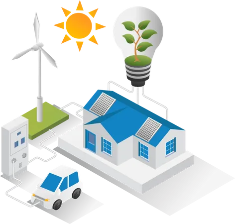 Casa con paneles solares para coche eléctrico.  Ilustración