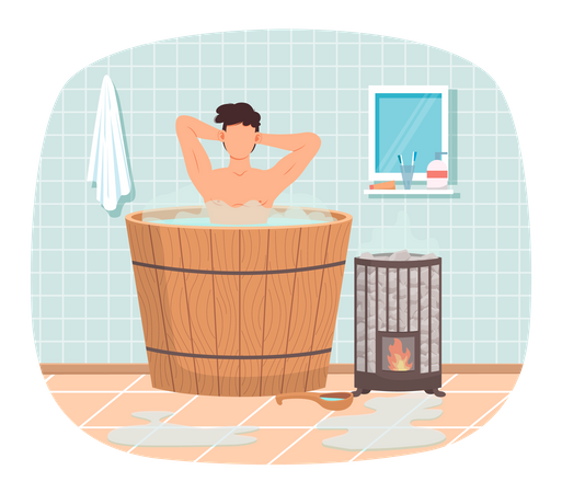 Casa de baños o banya en el diseño interior del hogar. Chico en barril descansando en sauna. Hombre en vapor caliente  Ilustración