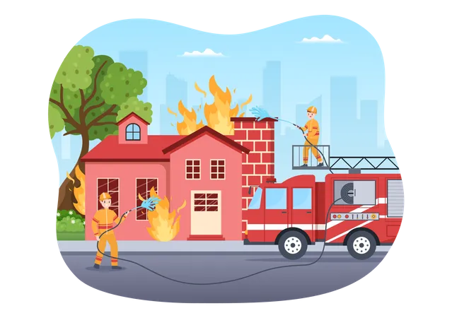 Bombeiros extinguindo casa  Ilustração