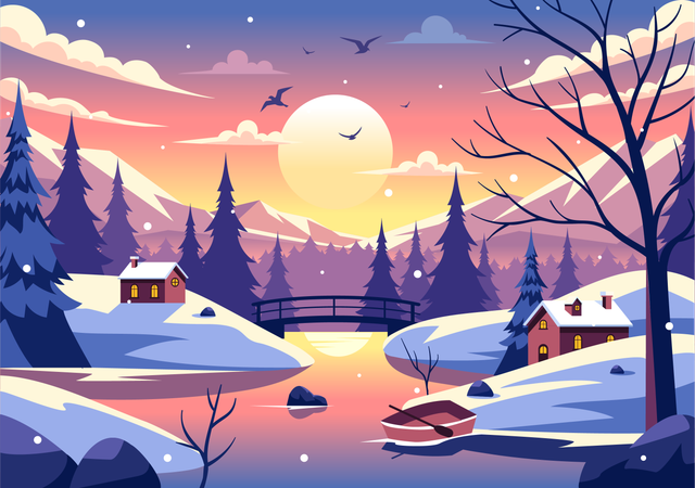 Casa de inverno em montanhas nevadas pitorescas  Ilustração