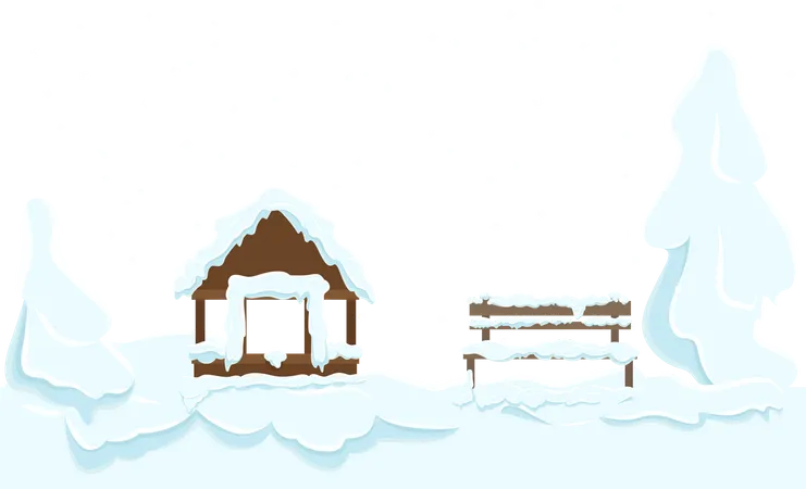 Casa de jardim e banco de madeira coberto de neve  Ilustração