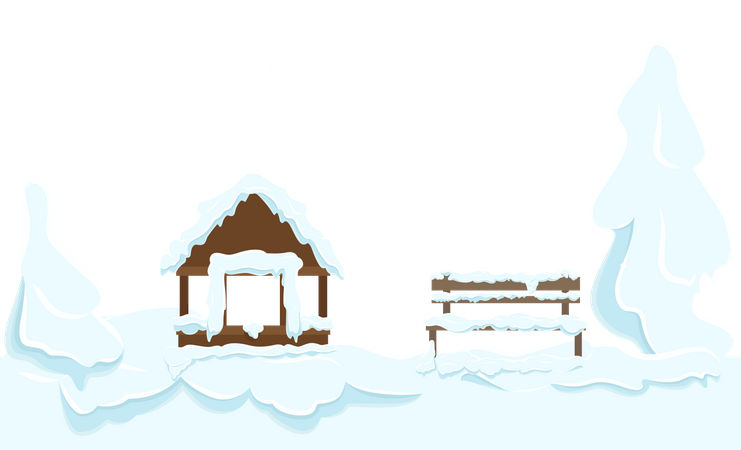Casa de jardín y banco de madera cubierto de nieve  Ilustración