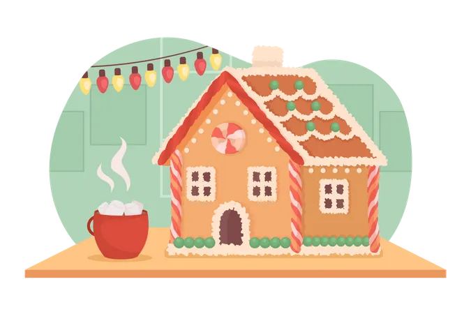 Casa de pan de jengibre y bebida caliente.  Ilustración