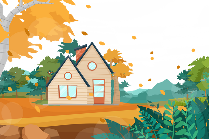 Casa de madeira na paisagem  Ilustração