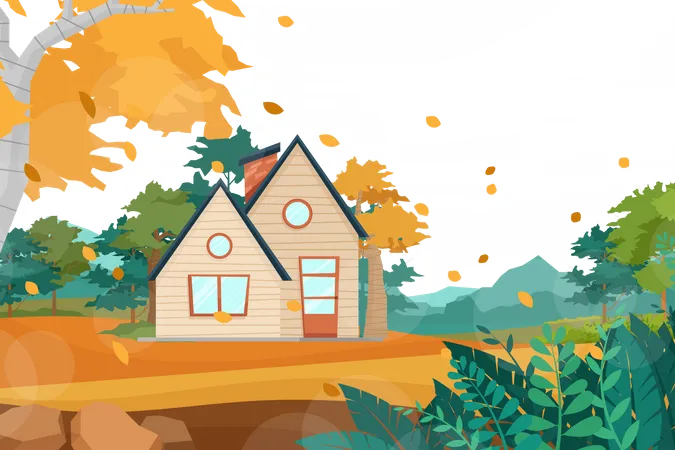 Casa de madera en paisaje  Ilustración
