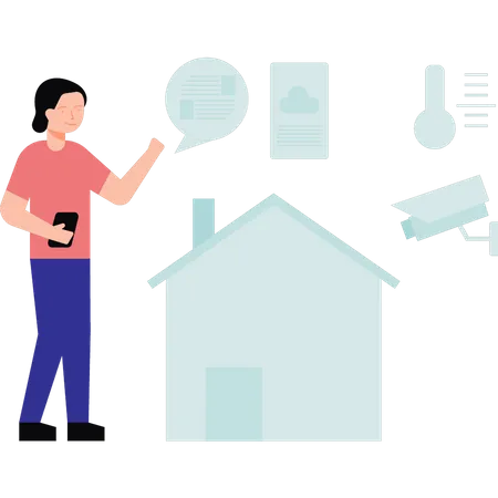 Menina monitorando casa através de tecnologia futurista  Ilustração