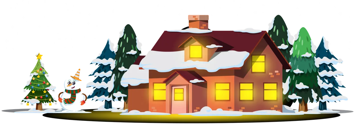 Casa de Natal com boneco de neve e árvore de Natal  Ilustração
