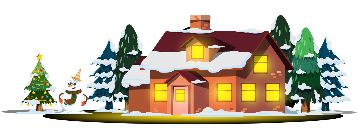 Casa navideña con muñeco de nieve y árbol de Navidad.  Ilustración