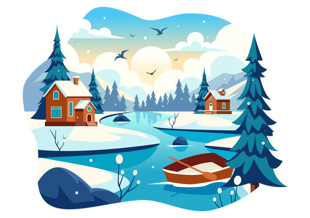 Casa de nieve con paisaje de montaña  Ilustración