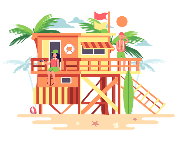 Casa de madeira na praia  Ilustração