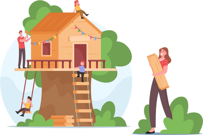 Familia construyendo una casa en el árbol todos juntos  Ilustración